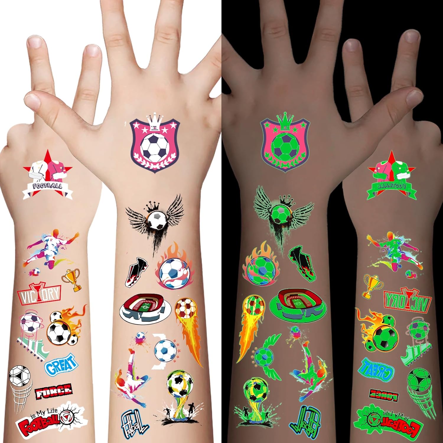 Awinmay Glow in the Dark Soccer Temporary Tattoos for Kids, 60Pcs Sport Party Favors for Boys and Girls, Goodie Bag Stuffers, Sports Fan Makeup for Game Day & Soccer Birthday Party Decorations Quick Pick Grocers